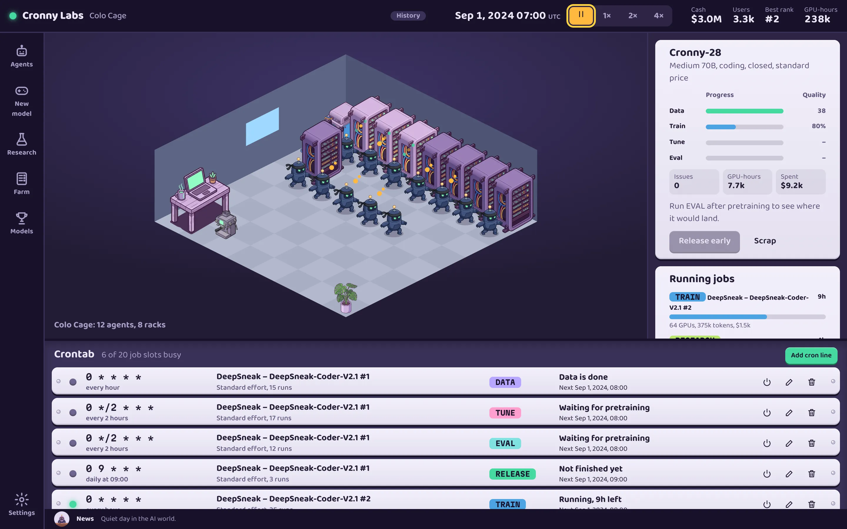 The Colo Cage: twelve robot agents between eight server racks, a training card for Cronny-28, running jobs and a crontab of five lines