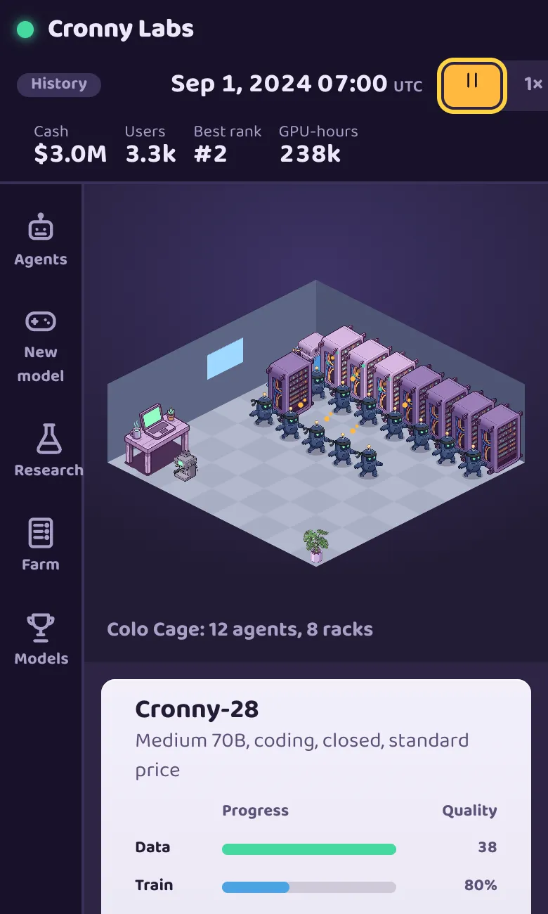 The lab on a phone: the top bar, the farm scene and the training card stacked