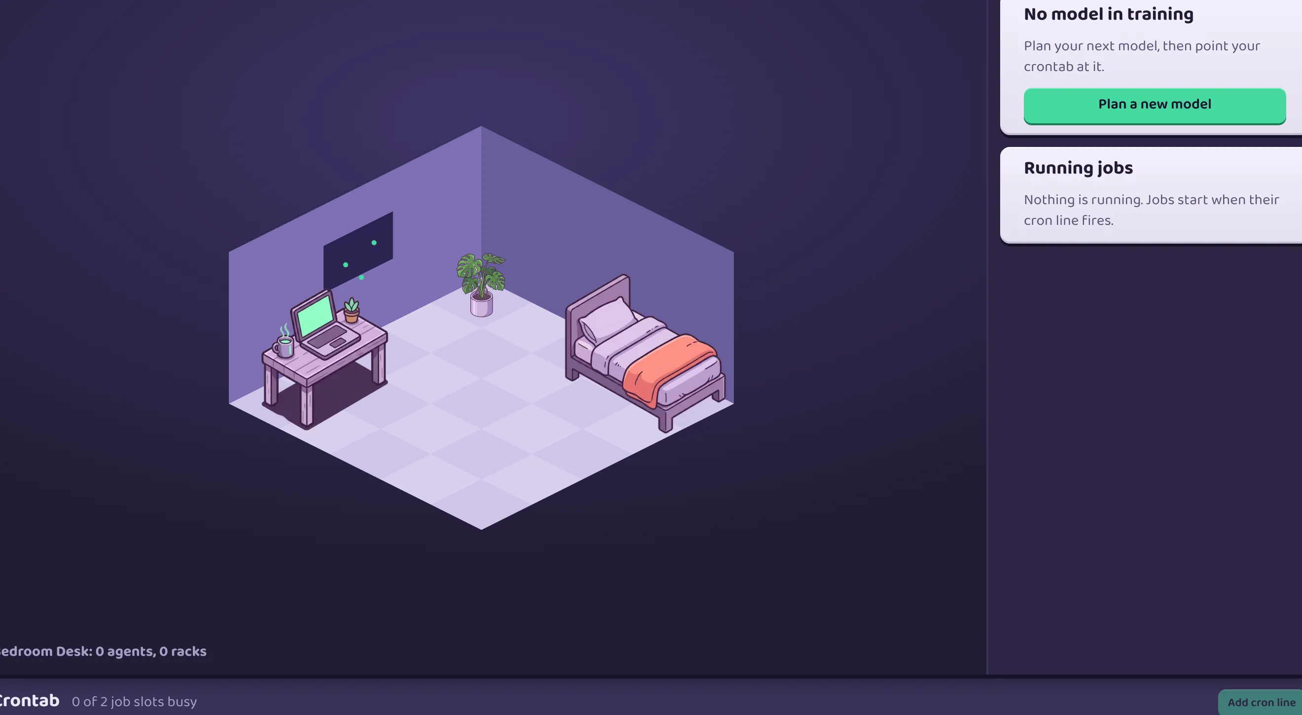 The Bedroom Desk: a small room with a desk, a laptop, a plant and a bed