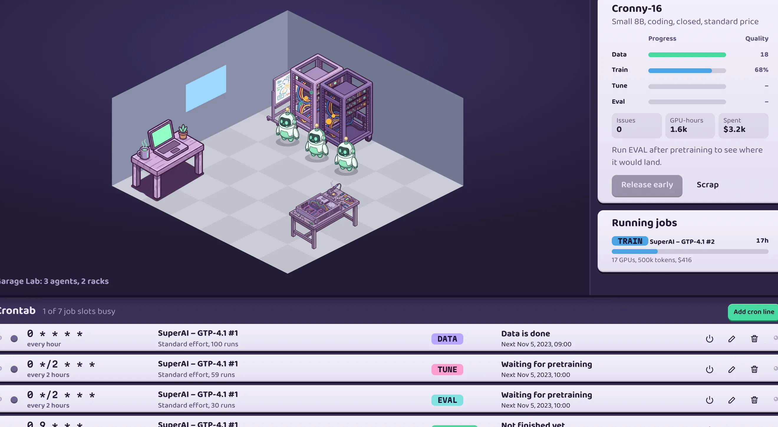 The Garage Lab: three robot agents, two open-frame racks and a workbench