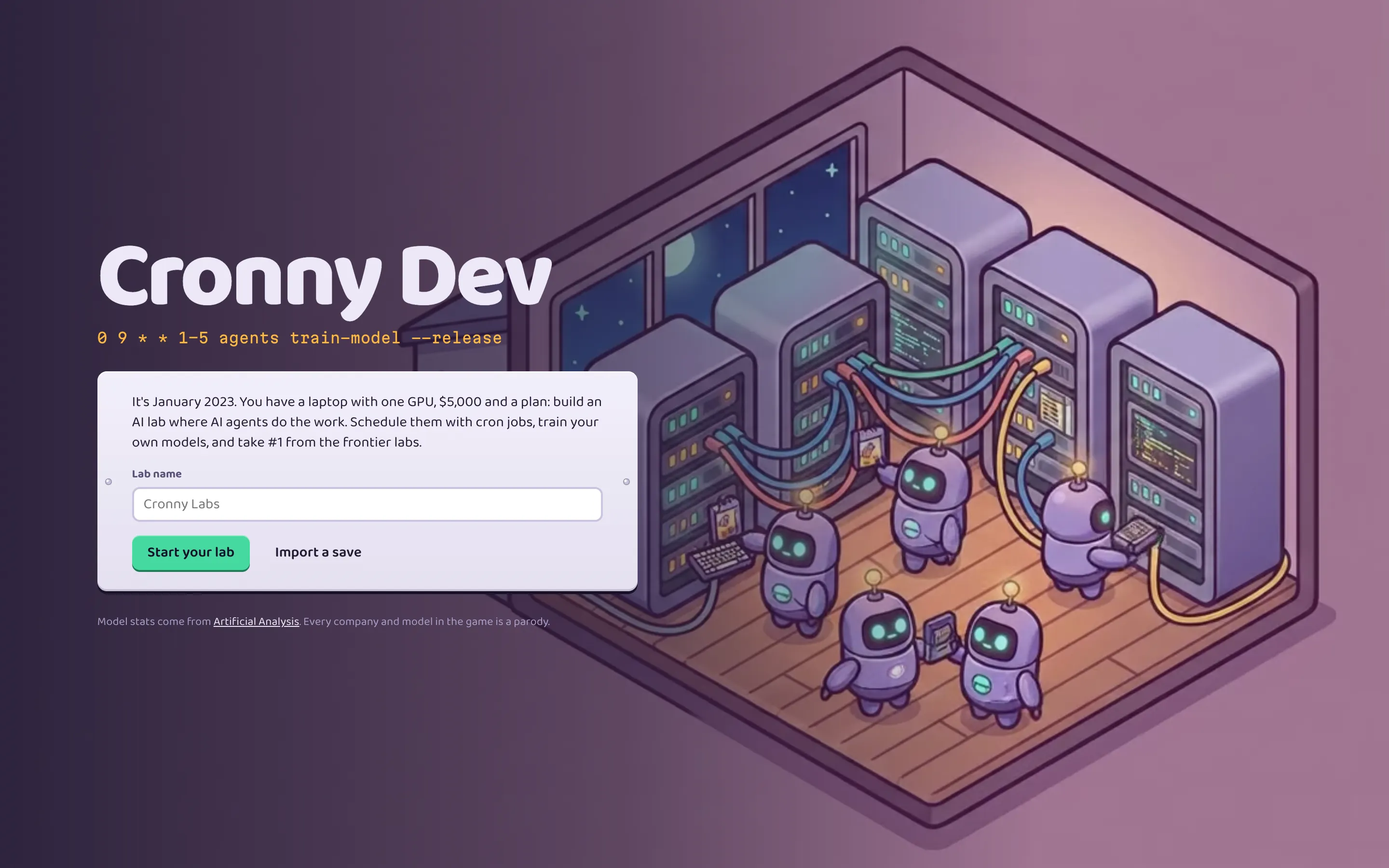 The title screen: five robot agents in a server room and the Start your lab form